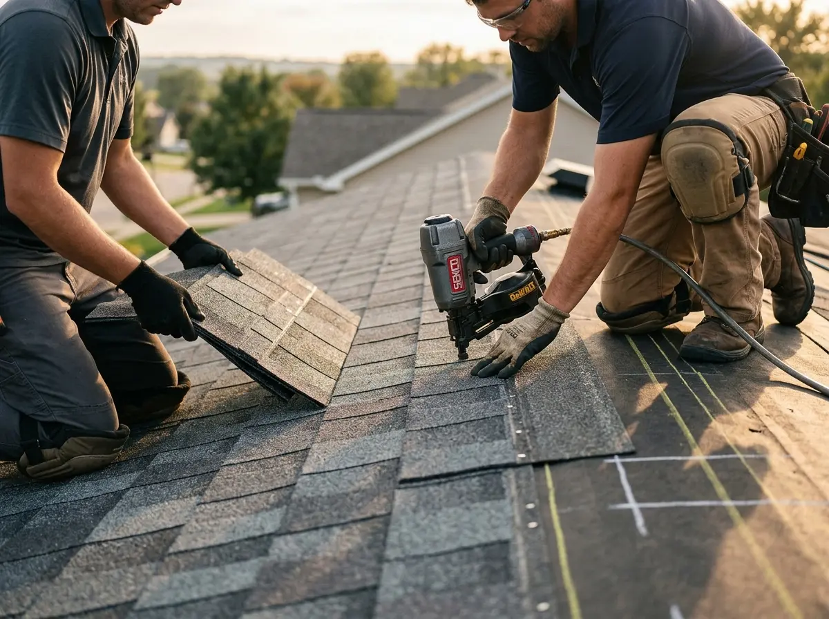Professional roofer working on a residential roof in Clyde